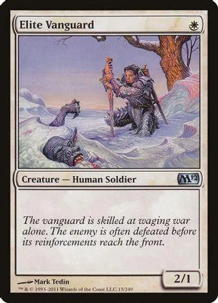 Elite Vanguard card art: warrior with spear in snowy landscape.