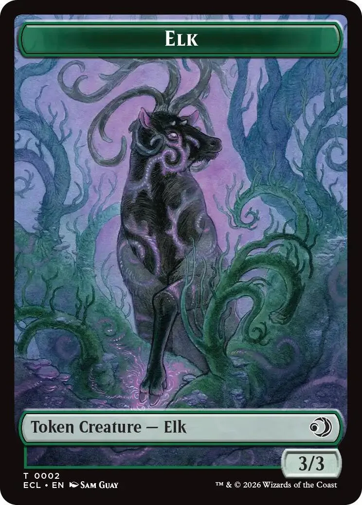 Black elk creature in a dark, mossy forest setting on a trading card.