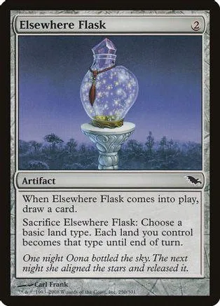 Glass flask glowing on pedestal, blue and purple background. Magic: The Gathering card.