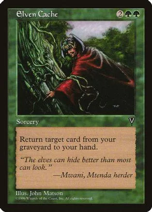 Elf in red cloak by mossy tree on Magic: The Gathering card.