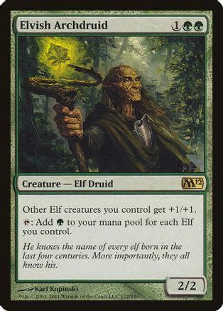Elderly elf druid in dark robes holding a staff in a forest setting.