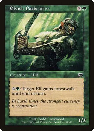Elf creature with axe, dark green and brown tones, card art.