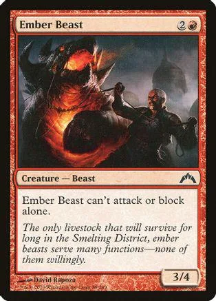 Dark, fiery beast and armored figure on a Magic: The Gathering card.