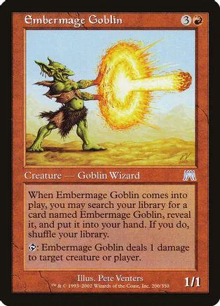 Goblin wizard creature card, green goblin wielding a fiery blast.