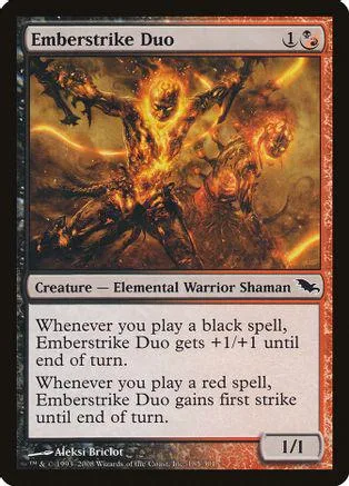 Fire elemental warrior shaman card art, orange and black tones.
