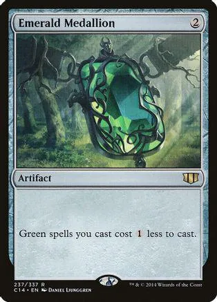 Green gem artifact card featuring a large, glowing emerald in a forest setting.