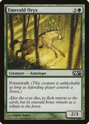 Emerald Oryx creature card art: golden forest, leaping antelope.