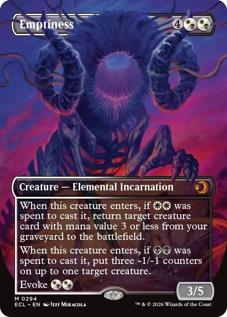 Dark, tentacled creature on a purple background. Creature card with ability text.