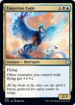 Blue and orange fantasy bird creature card, Empyrean Eagle, in standard card frame.