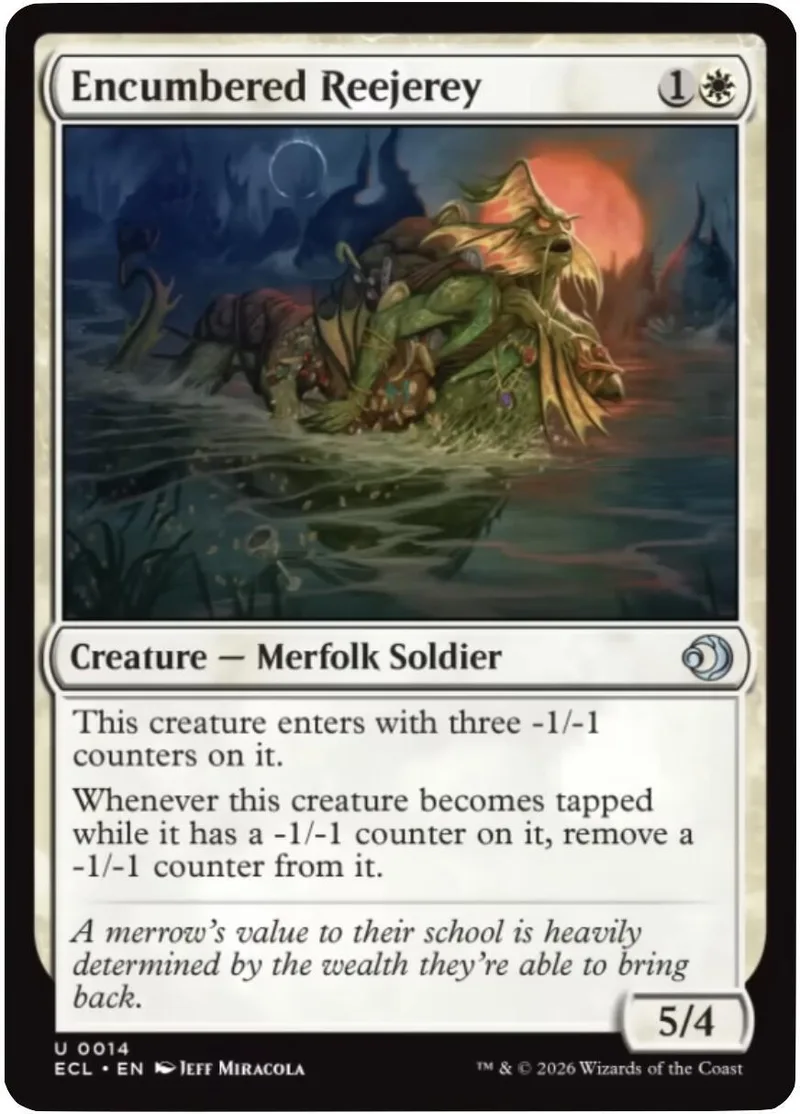 Green merfolk soldier creature card art, dark water, orange sunset.