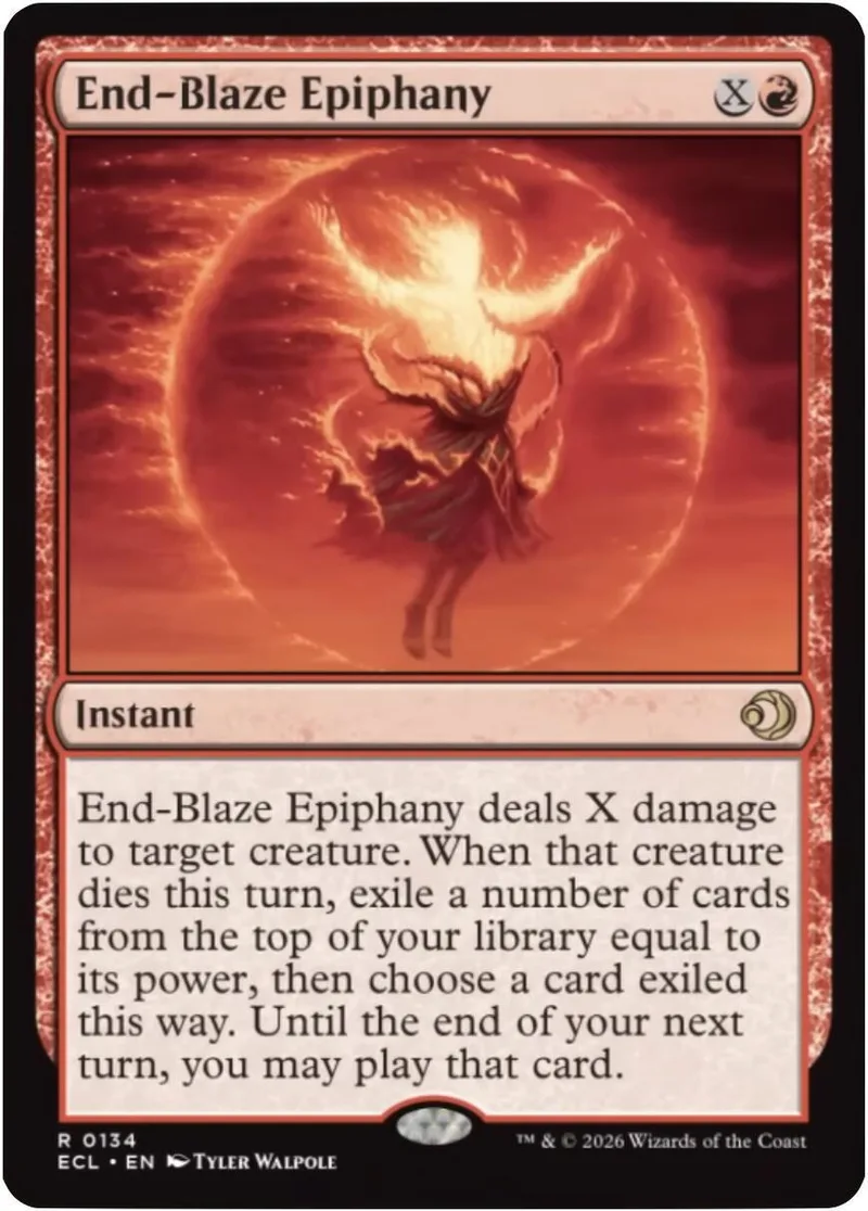 Red and orange fiery angel on a card titled "End-Blaze Epiphany.