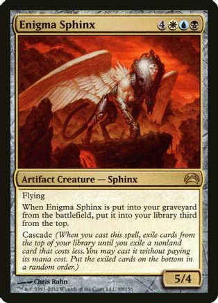White and brown sphinx creature card art, Enigma Sphinx, in a black frame.