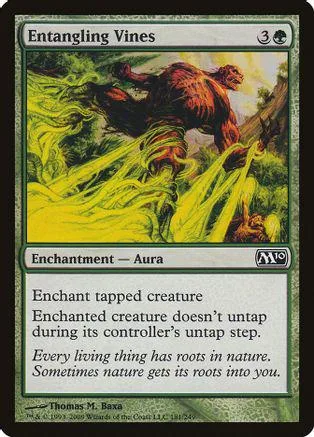 Green vines engulf a brown creature on a Magic: The Gathering card.