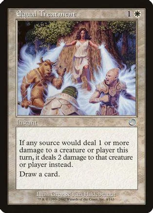 Fantasy scene with figures under a tree. Card text reads "Equal Treatment.