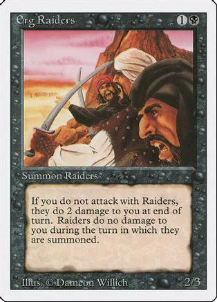 Card art shows men in desert setting with a curved sword. Erg Raiders collectible card.