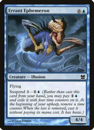 Blue and brown illusion creature card art, "Errant Ephemeron," in a standard card frame.