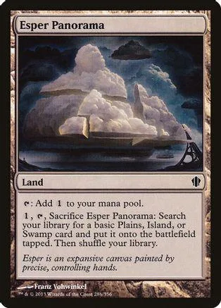 Dark sky landscape with white clouds over water on a Magic: The Gathering card.