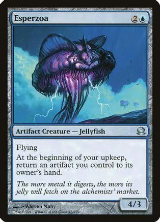 Purple jellyfish creature card with blue sky background.