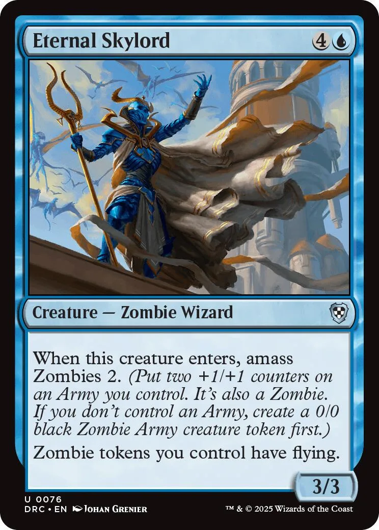 Blue and gold wizard with trident on a fantasy battlefield card.