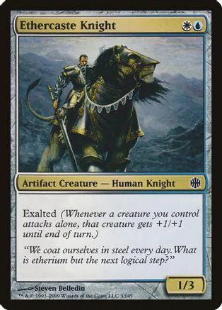 Knight on dark horse, blue and gold card art. Text box visible.