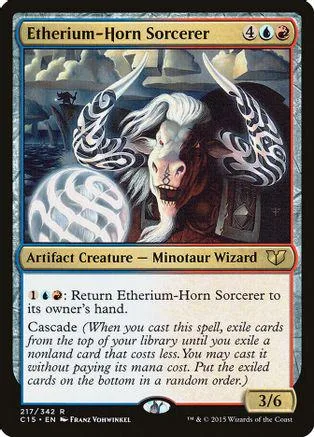 Minotaur sorcerer card art, white and brown, showing a horned creature.