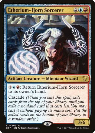 Minotaur sorcerer card art, white and dark colors, showing a horned figure.