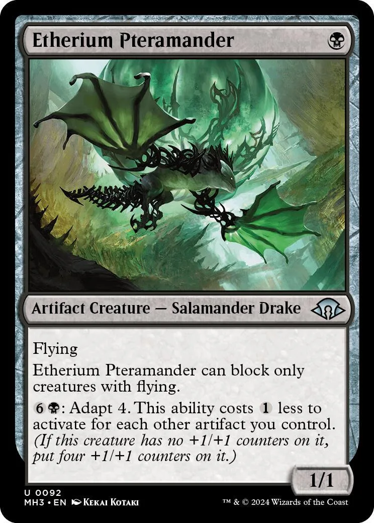 Green dragon creature card, Etherium Pteramander, in standard Magic: The Gathering frame.