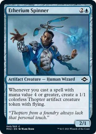 Blue-skinned wizard casting spell, holding staff, on a collectible card.