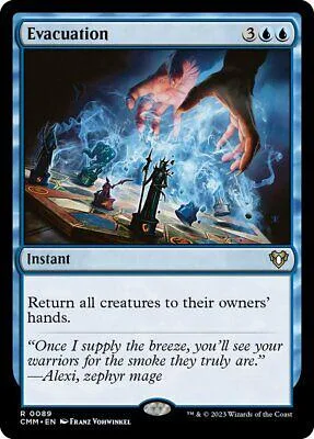 Blue and black Magic: The Gathering card, "Evacuation," showing hands reaching from smoke.