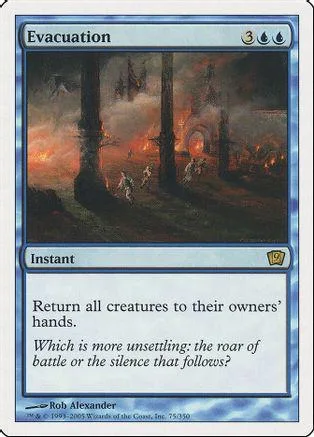 Magic: The Gathering card, Evacuation, dark fantasy scene, blue and orange tones.