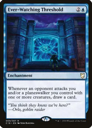 Blue and purple magical gateway with dark figure in front. Enchantment card.