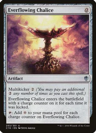 Glowing, ornate chalice on a fiery, dramatic background. Magic: The Gathering card.