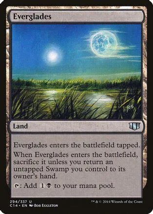 Blue and green landscape card titled Everglades, showing a moonlit marsh scene.