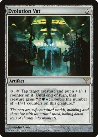Black and green magic card, Evolution Vat, showing a bubbling vat scene.