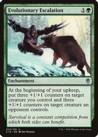 Dark creature attacks brown beast in snowy forest. Green card with black text.