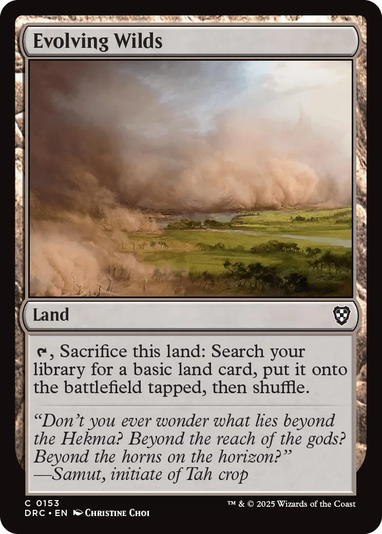 Magic: The Gathering land card, Evolving Wilds, brown and green landscape art.