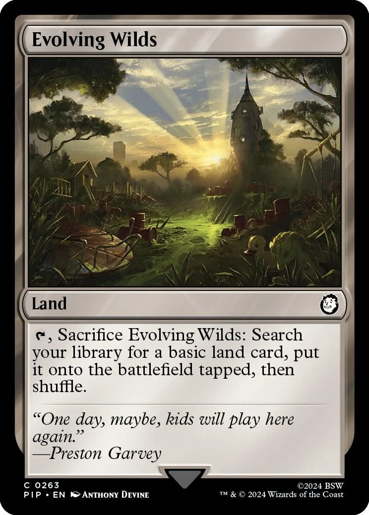 Magic: The Gathering card, "Evolving Wilds," showing a sunlit, wooded landscape.