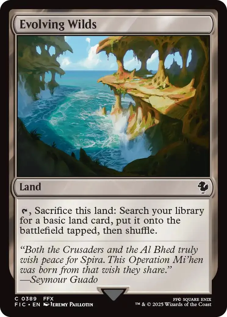 Magic: The Gathering card, Evolving Wilds, landscape art, black and white text.