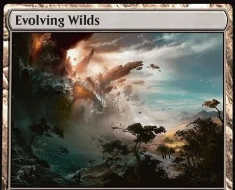 Fantasy landscape art card, dark blues, greens, and orange tones.