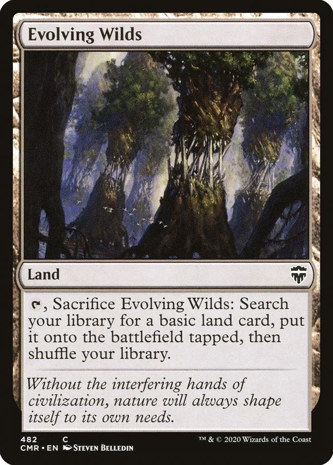 Magic: The Gathering card, "Evolving Wilds," dark forest art, land type.