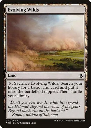 Evolving Wilds land card art showing misty, green landscape under cloudy sky.