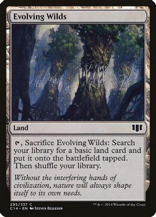 Evolving Wilds land card art shows a misty, dark forest scene.