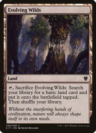 Dark forest landscape card, "Evolving Wilds," with land ability text.