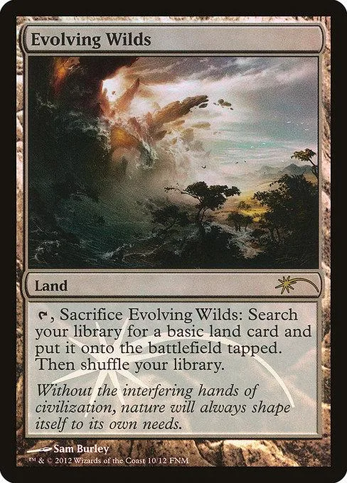 Magic: The Gathering card, Evolving Wilds, dark landscape art, land type.