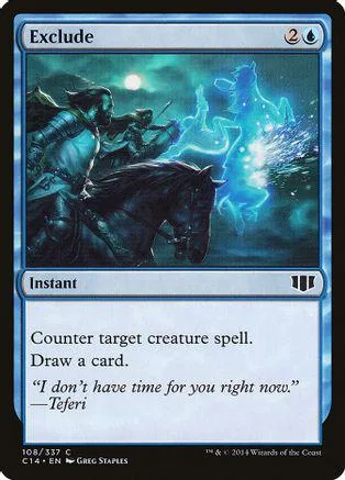 Blue and black Magic: The Gathering card, "Exclude," featuring a dark horse and glowing figure.