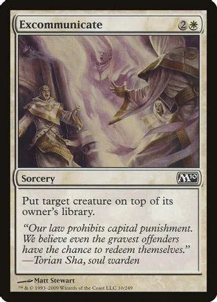 Magic: The Gathering card, Excommunicate, purple and white art, Sorcery.