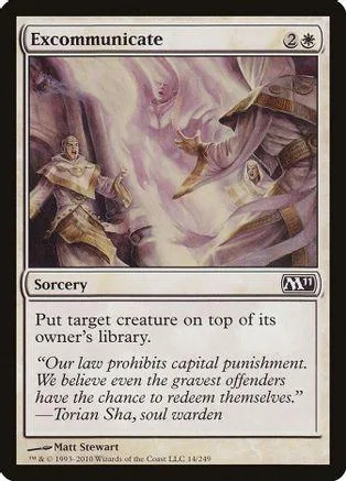 Magic: The Gathering card, Excommunicate, purple and white fantasy art.
