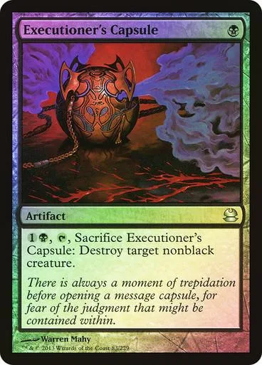 Orange and black skull artifact card art, "Executioner's Capsule," on a dark background.