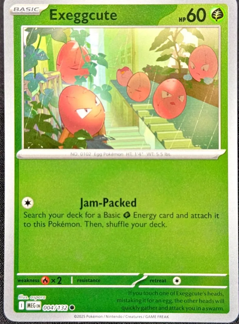 Orange egg Pokémon card with green background and text.
