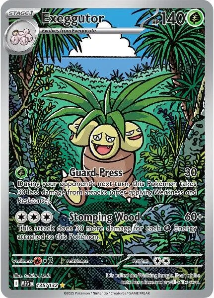 Exeggutor Pokémon card, green and blue jungle background, HP 140.
